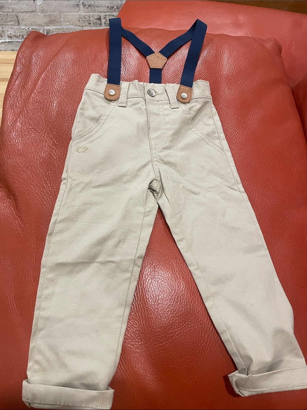 Kids Beige Chino Overalls with Navy Suspenders